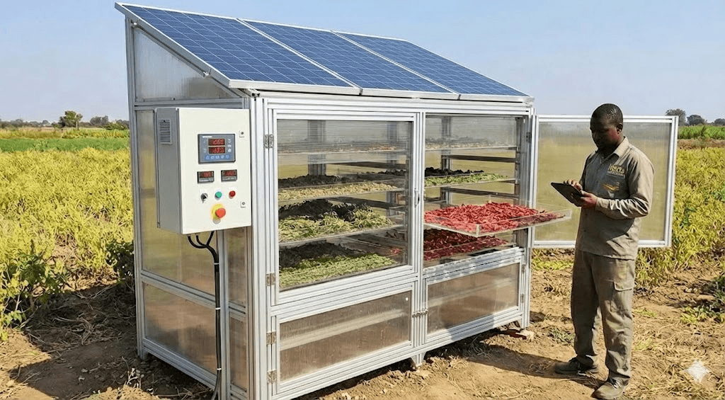 ITEDA Smart Solar Crop Dryer in operation with farmer in agricultural field